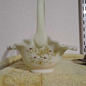 Fenton Custard Glass Basket with Painted White Daisies